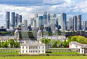 Canary Wharf skyscrapers seen from Greenwich park, London, UK