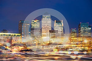 Canary Wharf view at night with traffic lights reflections