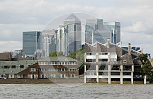 Canary Wharf viewed from the Thames at Poplar