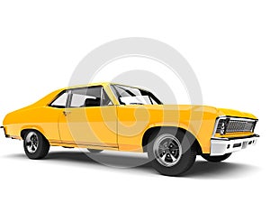 Canary yellow restored vintage muscle car - side view