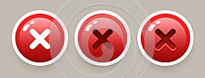 Cancel. 3d Cross icon. Red round 3d buttons. Vector clipart.