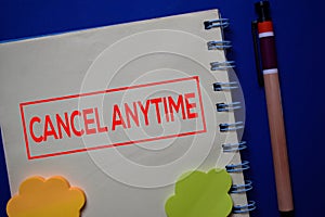 Cancel Anytime write on a book isolated on blue background