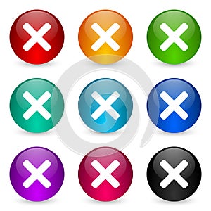 Cancel, cross icon set, colorful glossy 3d rendering ball buttons in 9 color options for webdesign and mobile applications