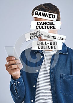 Cancel culture, overlay and phone with text on person for social media, cyber bullying and toxic message. Free speech