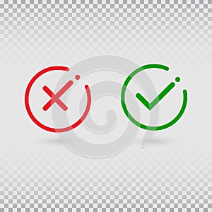 Cancel decline. Check marks set on transparent background. YES or NO accept and decline symbol. Green tick and red cross in circle