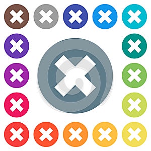 Cancel flat white icons on round color backgrounds