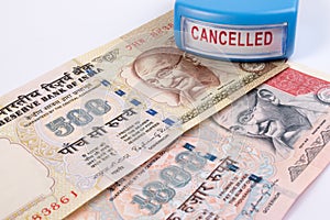 Canceled banknote concept. Mahatma Gandhi on Indian 500, 1000 rupee banknote canceled.