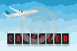 Canceled flight text with flying plane in the sky