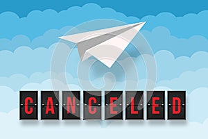 Canceled flight text with paper plane above the clouds in the sky