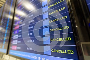 Cancelled all flight on flight information board at airport effect from COVID-19 pandemic situation and lockdown policy