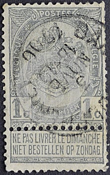 Cancelled postage stamp printed by Belgium, that shows Coat of arms