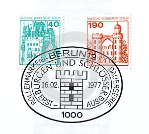 Cancelled postage stamp printed by Berlin, Germany, that show Eltz castle and Pfaueninsel Castle, Berlin