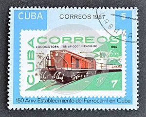 Cancelled postage stamp printed by Cuba, that shows  Old locomotive