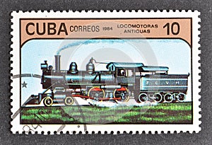 Cancelled postage stamp printed by Cuba, that shows Old steam Locomotive