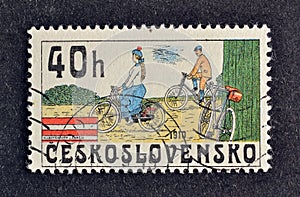 Cancelled postage stamp printed by Czechoslovakia, that shows Bicycles