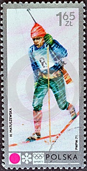 Cancelled postage stamp printed by Poland, that shows Biathlon