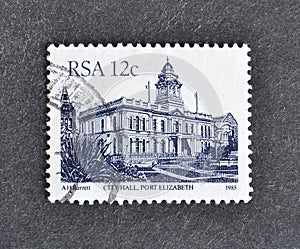 Cancelled postage stamp printed by South Africa, that shows City Hall, Port Elizabeth