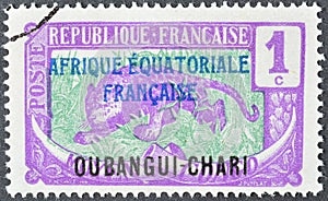 Cancelled postage stamp printed by Ubangi-Shari, that shows Leopard (Panthera pardus)