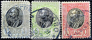 Cancelled postage stamps printed by Serbia, that show portrait of King Peter I Karageorgevich