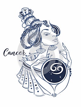 Cancer astrological sign as a beautiful girl. Zodiac. Horoscope. Astrology. Vector