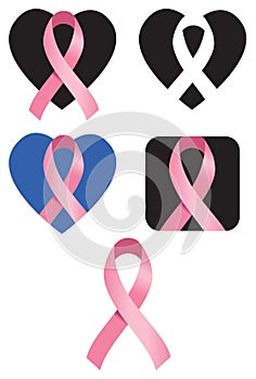 Cancer Awareness Ribbon icon variations with heart