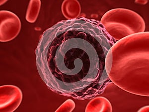 3d prestados cerca de las células de la sangre y una célula de cáncer.