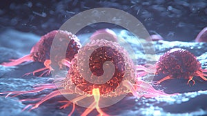 Cancer cell microscopy, illusstration of cancer cells being state.
