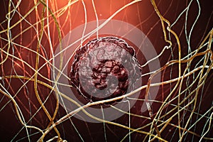 Cancer cell or tumour within fibrous or connective tissue 3D rendering illustration