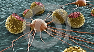 Cancer cells under a microscope.