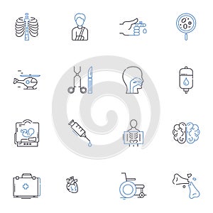 Cancer center line icons collection. Diagnosis, Treatment, Chemotherapy, Radiation, Oncology, Palliative, Survivor