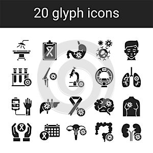 Cancer different organs glyph black icons set. Oncology. Medical diagnostic. Isolated vector elements. Pictograms for web page,