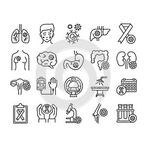 Cancer different organs line black icons set. Oncology. Medical diagnostic. Isolated vector elements. Outline pictograms