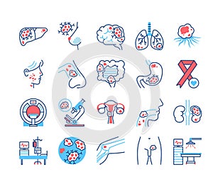 Cancer different organs line color icons set. Oncology medical diagnostic concept. Malignant neoplasms