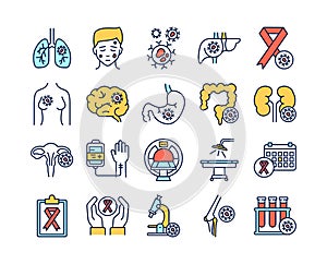 Cancer different organs line color icons set. Oncology. Medical diagnostic.  vector elements. Outline pictograms