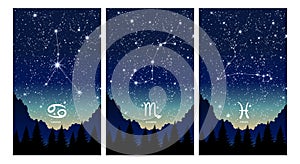 Cancer, Pisces, Scorpio, water element zodiac signs. A set of constellation cards in the night sky, background for