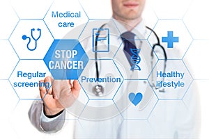 Cancer prevention and awareness concept, icons and words, medical doctor photo