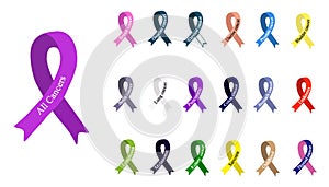 Cáncer cinta. un conjunto compuesto por cintas de diferente colores contra cáncer. internacional de cáncer. cáncer 