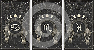 Cancer, scorpio, pisces, water astrological signs of the zodiac on a black background, a set of vintage cards for