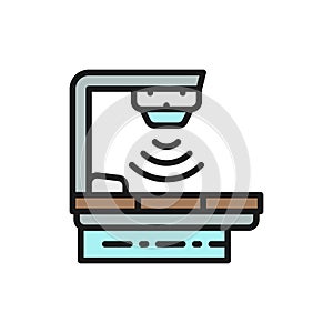Cancer treatment device, radiation therapy, radiotherapy flat color line icon.