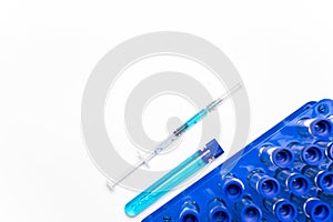 Cancer virus. Medical syringe with needle for protection flu virus and coronavirus. Covid vaccine on white. Medicine concept