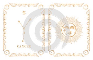 Cancer zodiac constellation, old card in vector