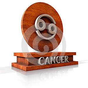 Cancer  zodiac sign. 3D illustration of the zodiac sign Cancer made of stone on a wooden stand with the name of the sign at the ba