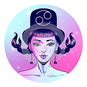 Cancer zodiac sign artwork, beautiful girl face, horoscope symbol, star sign, vector illustration