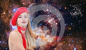 Cancer Zodiac Sign. Astrology and horoscope, Beautiful woman Cancer on the galaxy background