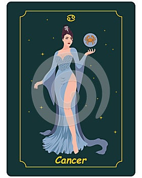 Cancer zodiac sign, a magical woman in a blue dress and a sphere with cancer on a background with stars. Poster, illustration