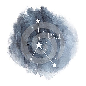 Cancer zodiac sign constellation on watercolor background isolated on white