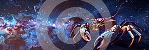 Cancer Zodiac Sign, Crab Horoscope Symbol, Magic Astrology Lobster, Crayfish in Fantastic Night Sky