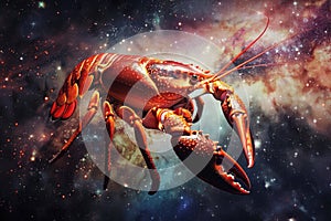 Cancer Zodiac Sign, Crab Horoscope Symbol, Magic Astrology Lobster, Crayfish in Fantastic Night Sky