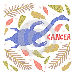 Cancer zodiac sign dinosaur cartoon character vector illustration.