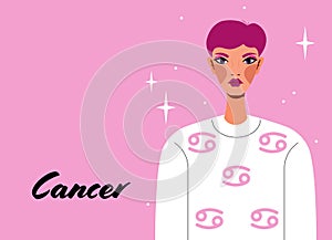 Cancer zodiac sign. Girl vector illustration. Astrology zodiac profile. Astrological sign as a beautiful woman. Future telling,